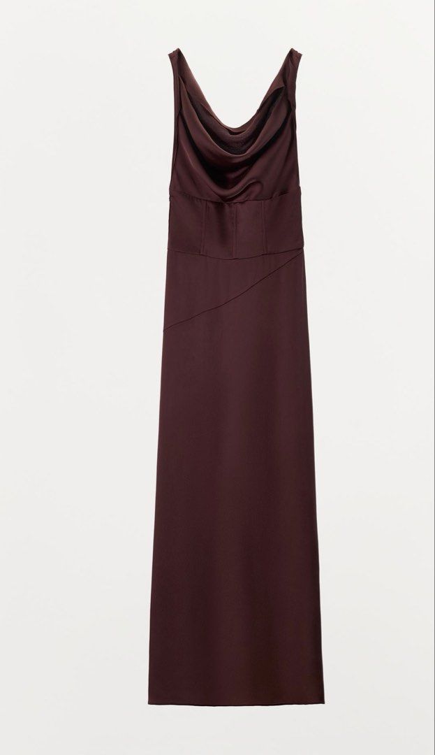 Zara satin drape dress (Category: Dresses) located in Pasig City. Submitted by redeem (Listing ID 1456209389, Image 2). Description: AVAILABLE ON HAND‼️ BRAND NEW WITH TAG‼️ Size: Small Description: Midi dress made from satin fabric. Featuring a flowing neckline and straps. Inner boning detail to enhance and flatter the figure. Hook and eye fastening at the waist. Hem finished with a slit. Side fastening with an invisible zip in the seam..