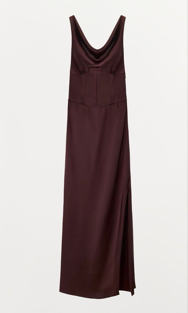 Zara satin drape dress (Category: Dresses) located in Pasig City. Submitted by redeem (Listing ID 1456209389, Image 1). Description: AVAILABLE ON HAND‼️ BRAND NEW WITH TAG‼️ Size: Small Description: Midi dress made from satin fabric. Featuring a flowing neckline and straps. Inner boning detail to enhance and flatter the figure. Hook and eye fastening at the waist. Hem finished with a slit. Side fastening with an invisible zip in the seam..