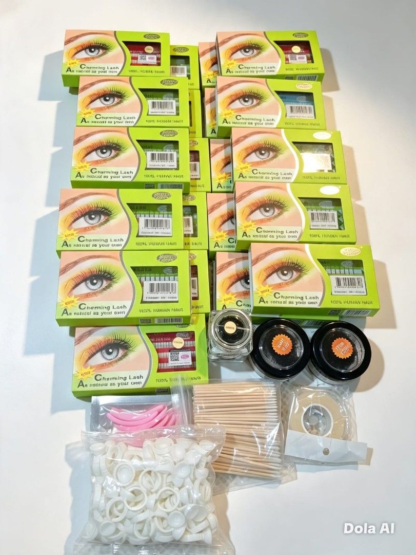 21 Boxes Human Hair Lashes + Complete Lash/Extension Tool Bundle (Category: Vision Care) located in Paranaque City. Submitted by gentle.declutter (Listing ID 1456287838, Image 1). Description: 📦 Contents: - 21 boxes of Charming Lash — 100% Human Hair false eyelashes, assorted styles & lengths, all sealed - Tools & Supplies: Lash adhesive (3 jars), lash applicators, practice strips, micro-brush sticks, ring cups, tape, palettes — everything for l