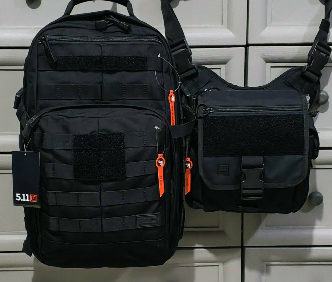 5.11 Tactical Backpack & Daily Deploy Pushpack Sling Bag - Black (Category: Backpacks) located in Quezon City. Submitted by thirdeedimesiv (Listing ID 1456250383, Image 1). Description: - Set includes: 5.11 Rush 12 2.0 Backpack aspack with Daily Deploy Pushpack Sling Bag - Color: Black - Backpack Features: Padded laptop compartment (fits up to 14" laptops), MOLLE webbing compatible - Condition: Both bags are bnew have original tags attached - Ide