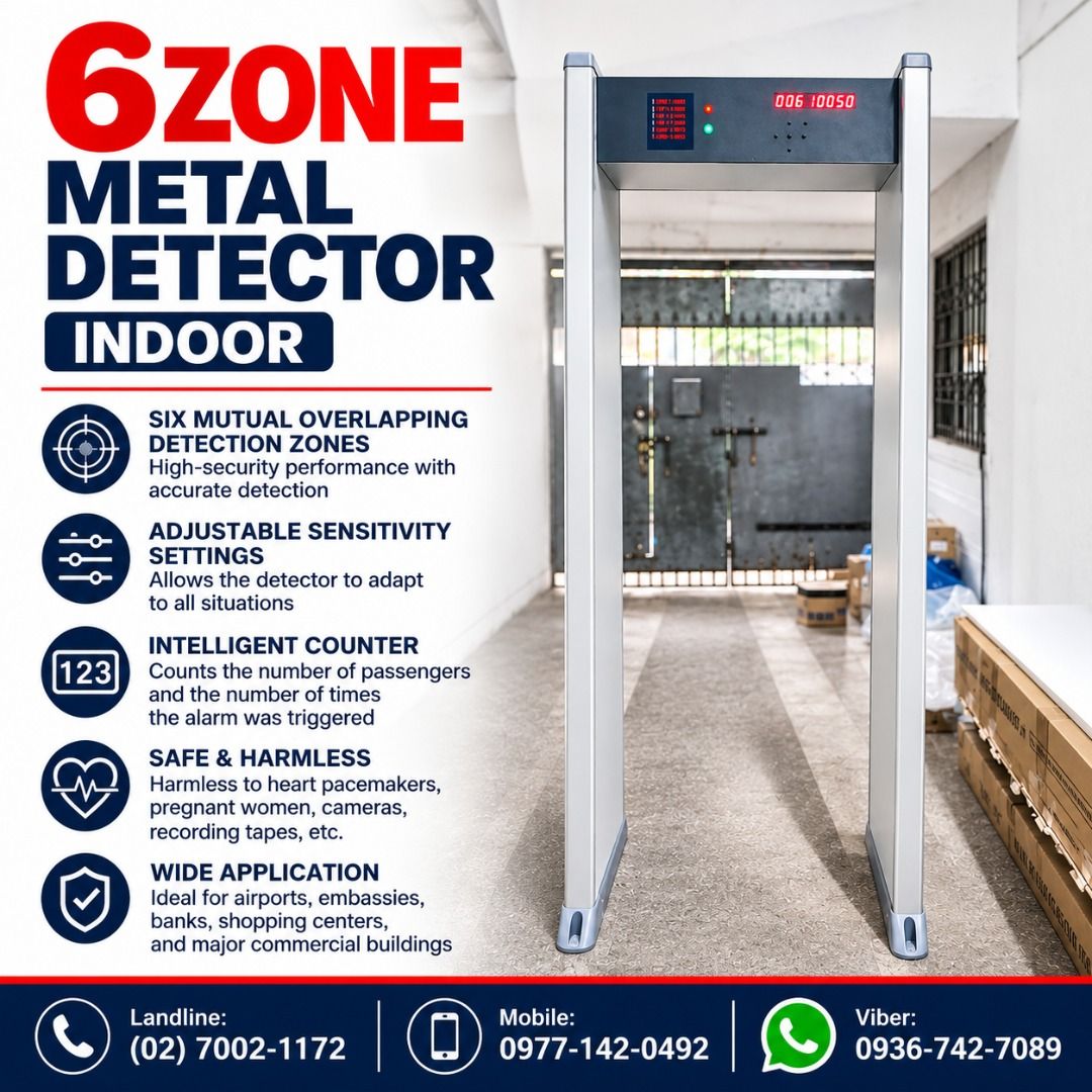 6 Zone Indoor Metal Detector Scanner Walk Through (Category: Office & Business Technology) located in Quezon City. Submitted by balahaylaa00272 (Listing ID 1456245426, Image 1). Description: - 6-Zone overlapping detection for accurate security. - Adjustable sensitivity for different needs. - Intelligent counter tracks passengers and alarms. - Safe and harmless, even for individuals with pacemakers. - Perfect for high-security areas like airports,