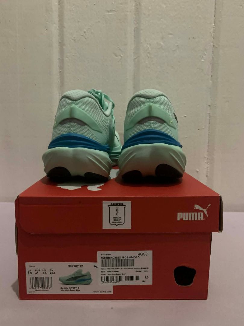- Puma Deviate Nitro 3 (size 8.5 US) (Category: Sneakers) located in Caloocan City. Submitted by silentdog.f177e0 (Listing ID 1456236644, Image 1). Description: - Colorway: Mint green and blue - Ideal for race-day running and tempo/speed runs - Comes with original box.