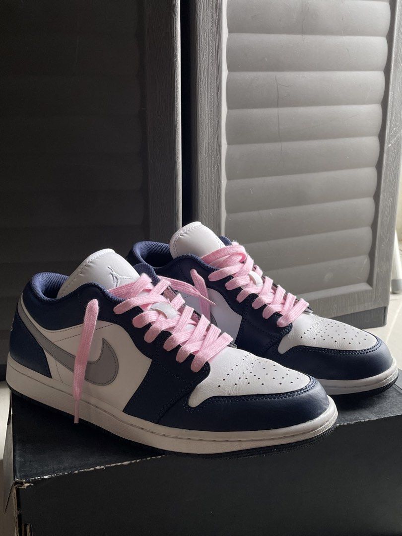 Air Jordan 1 Low White/Wolf Grey -Midnight Navy (Category: Sneakers) located in Manila. Submitted by m.joseph (Listing ID 1456258874, Image 1). Description: Air Jordan 1 Low US11 ( White/Wolf Grey -Midnight Navy ) • Used • With Box • Issue: Creases, minimal stains (cleanable). laces pinalitan ng pink pero included og white • Dm for Vids / more pics nakatambak lang. slightly negotiable 📍Near SM North edsa. .