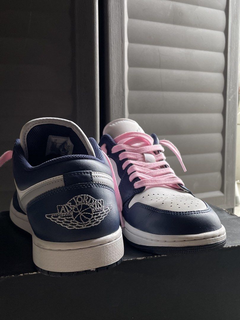 Air Jordan 1 Low White/Wolf Grey -Midnight Navy (Category: Sneakers) located in Manila. Submitted by m.joseph (Listing ID 1456258874, Image 3). Description: Air Jordan 1 Low US11 ( White/Wolf Grey -Midnight Navy ) • Used • With Box • Issue: Creases, minimal stains (cleanable). laces pinalitan ng pink pero included og white • Dm for Vids / more pics nakatambak lang. slightly negotiable 📍Near SM North edsa. .