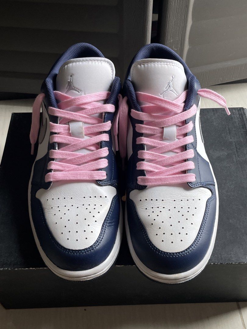 Air Jordan 1 Low White/Wolf Grey -Midnight Navy (Category: Sneakers) located in Manila. Submitted by m.joseph (Listing ID 1456258874, Image 2). Description: Air Jordan 1 Low US11 ( White/Wolf Grey -Midnight Navy ) • Used • With Box • Issue: Creases, minimal stains (cleanable). laces pinalitan ng pink pero included og white • Dm for Vids / more pics nakatambak lang. slightly negotiable 📍Near SM North edsa. .