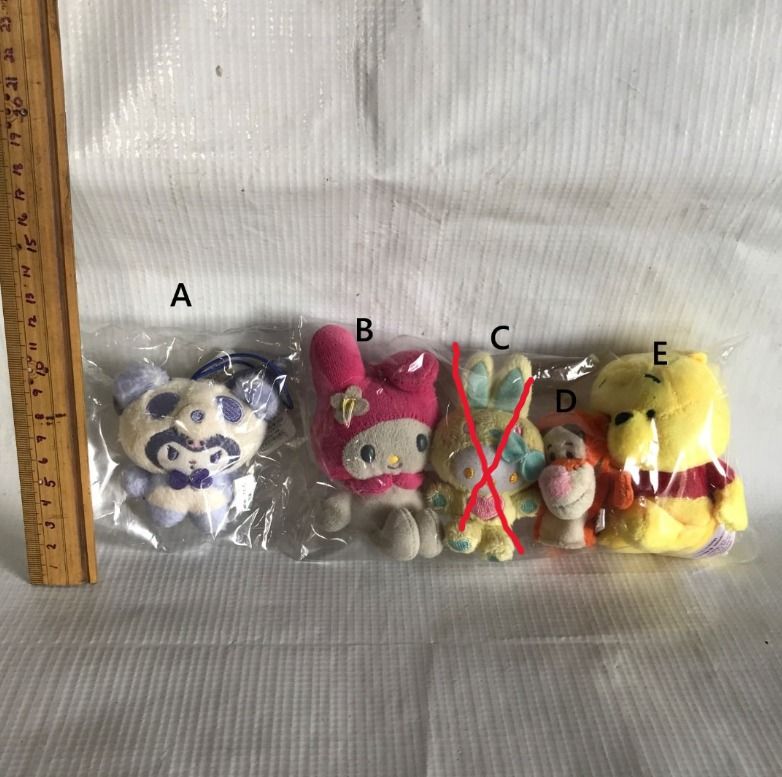 Assorted Plush Toy Keychains *150 each* #4602 (Category: Plushies & Soft Toys) located in Malabon City. Submitted by mldg.surplus (Listing ID 1436211491, Image 1). Description: - Collection of assorted plush toy keychains. - Includes characters like Baymax, Winnie the Pooh, Doraemon, and Cookie Monster. - Each plush toy is individually packaged. - Great for collectors or gifts. - Please note: Some items are crossed out and not available..