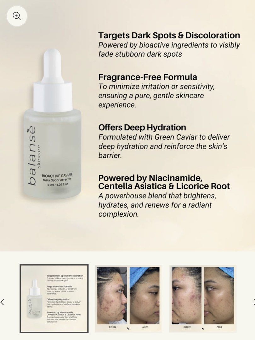 Balanse Bioactive Caviar Dark Spot Corrector (Category: Face Care) located in Cebu City. Submitted by krishiadeclutters (Listing ID 1456295284, Image 2). Description: Brand new and never used. Comes with original box/packaging. Price is firm. .