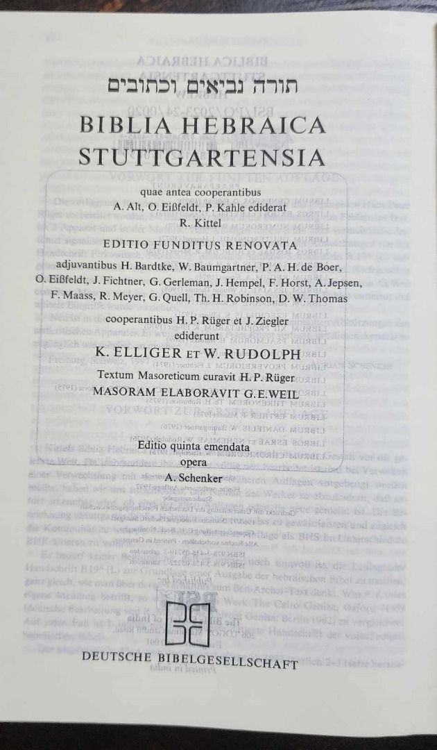 Biblia Hebraica Stuttgartensia (BHS) (Category: Religion Books) located in Quezon City. Submitted by marklamsen (Listing ID 1456324611, Image 3). Description: For Sale (via PRE-ORDER) - BIBLIA HEBRAICA STUTTGARTENSIA (BHS) An edition of the Masoretic Text of the Hebrew Bible as preserved in the Leningrad Codex, and supplemented by Masoretic and text-critical notes In brand new brown hardbound cover copy Published by the Deutsche Bibelgesellschaft