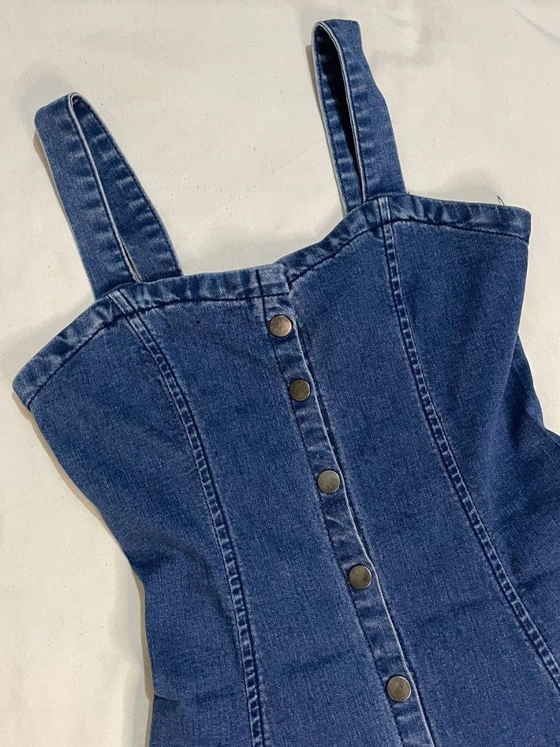 Dark Blue Denim Button Down Flared A-line Mini Dress (Category: Dresses) located in Binan City. Submitted by declutterbyjwy (Listing ID 1456397324, Image 2). Description: bust: 32-34" | waist: 24-27 | length: 31" - there's minor flaw lang (last photo) but unnoticeable.