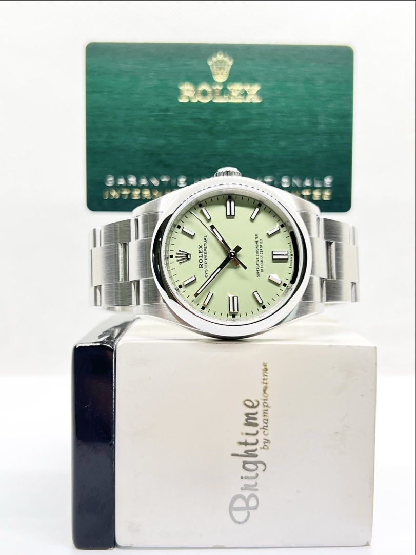 Brand New Rolex Oyster Perpetual 126000 Pistachio Green Dial Automatic Steel Casing Bracelet ( Aug 26 ) (Category: Watches) located in Singapore. Submitted by brightime (Listing ID 1456344842, Image 2). Description: Brand New Rolex Oyster Perpetual 126000 Pistachio Green Dial Automatic Steel Casing Bracelet ** Brand New ** ** Stickers Removed By AD ** Model : 126000 Also known as : Oyster Perpetual 36 Case size : 36mm Dial : Pistachio Green Dial 