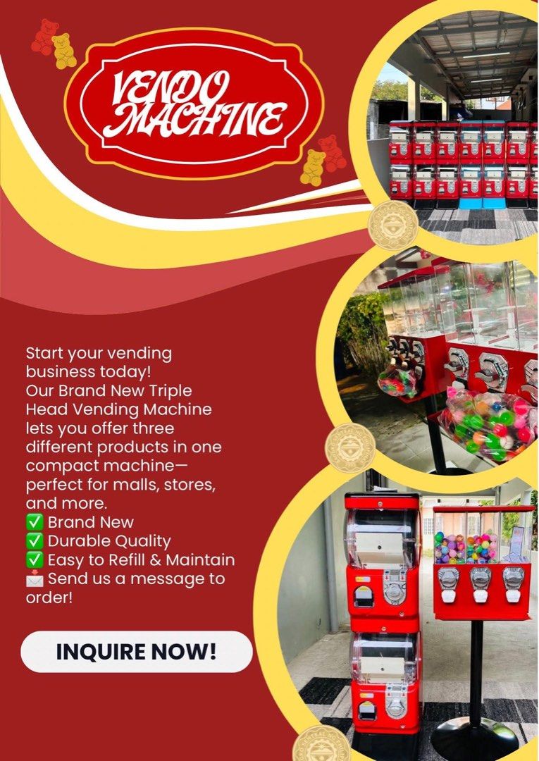 Brand New Vendo Machines (Category: Industrial Equipment) located in Manila. Submitted by yordide_59d758 (Listing ID 1456391685, Image 1). Description: - Brand new triple head vending machine - Dispense up to 3 different products simultaneously - Durable construction for long-lasting use - Easy to refill and maintain - Perfect for high-traffic locations like malls and stores - Send us a message to place your order!.