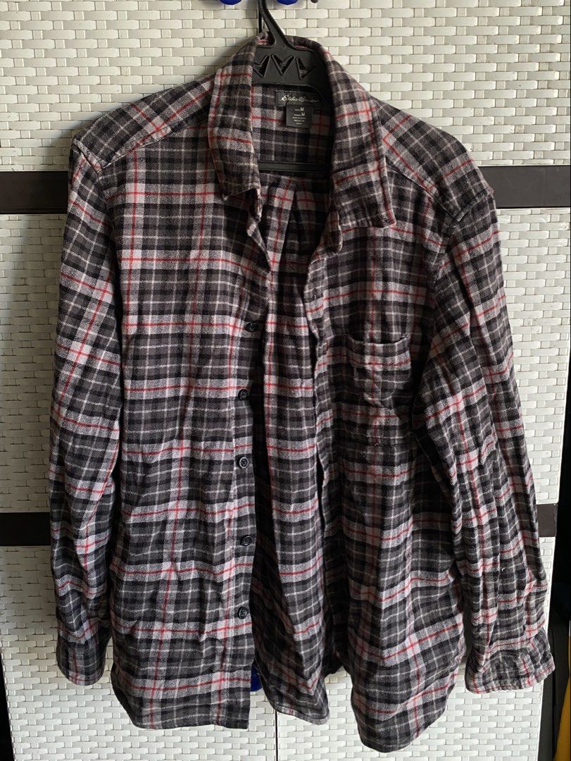 Branded Plaid Flannel Button-Down Long Sleeve (Category: Tshirts & Polo Shirts ) located in Imus. Submitted by curataa (Listing ID 1456345153, Image 3). Description: Eddie Bauer Plaid Flannel Button-Down Long Sleeve (Grey / Red / White) •Size: Medium •Condition: Pre-owned / Used ❌NO ISSUE • Details - Soft, cozy brushed cotton flannel in a classic grey and red plaid check, single chest pocket, buttoned cuffs, and full button placket. •Flaws & Issu