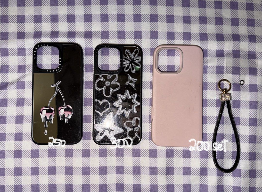 casetify & rhinoshield case for iphone 16 pro max (Category: Cases & Sleeves) located in Mandaluyong City. Submitted by kassandramarie27_ (Listing ID 1456257993, Image 1). Description: willing to sell wts lfb ph casetify mirror cherry case = ₱250 (has flaws, check 2nd pic) casetify mirror silver = ₱300 rhinoshield pink case w free wrist strap = ₱200 (x sensitive, has stains) — all cases are authentic and magsafe compatible — all cases has signs o