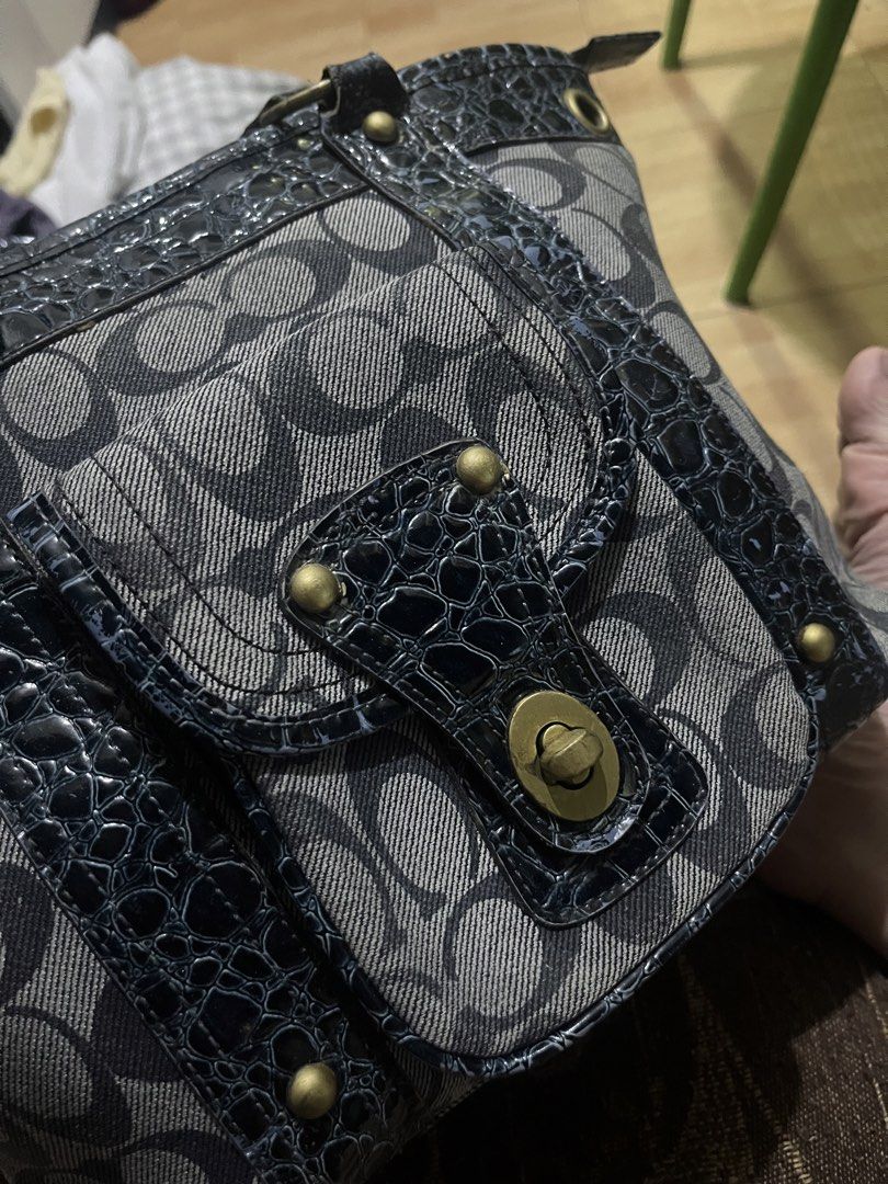 Coach Monogrammed Tote Bag with Crocodile Trim (Category: Luxury Bags & Wallets) located in Manila. Submitted by declutbyal (Listing ID 1456346575, Image 2). Description: DEETS: - Repainted metalware (due to rusting) - Rips sa leather connecting the strap sa bag (matibay pa) - Restitched yung lining inside kasi it was ripped when i bought it. - Nag f-fade yung shiny leather part - has blue ink stain inside.