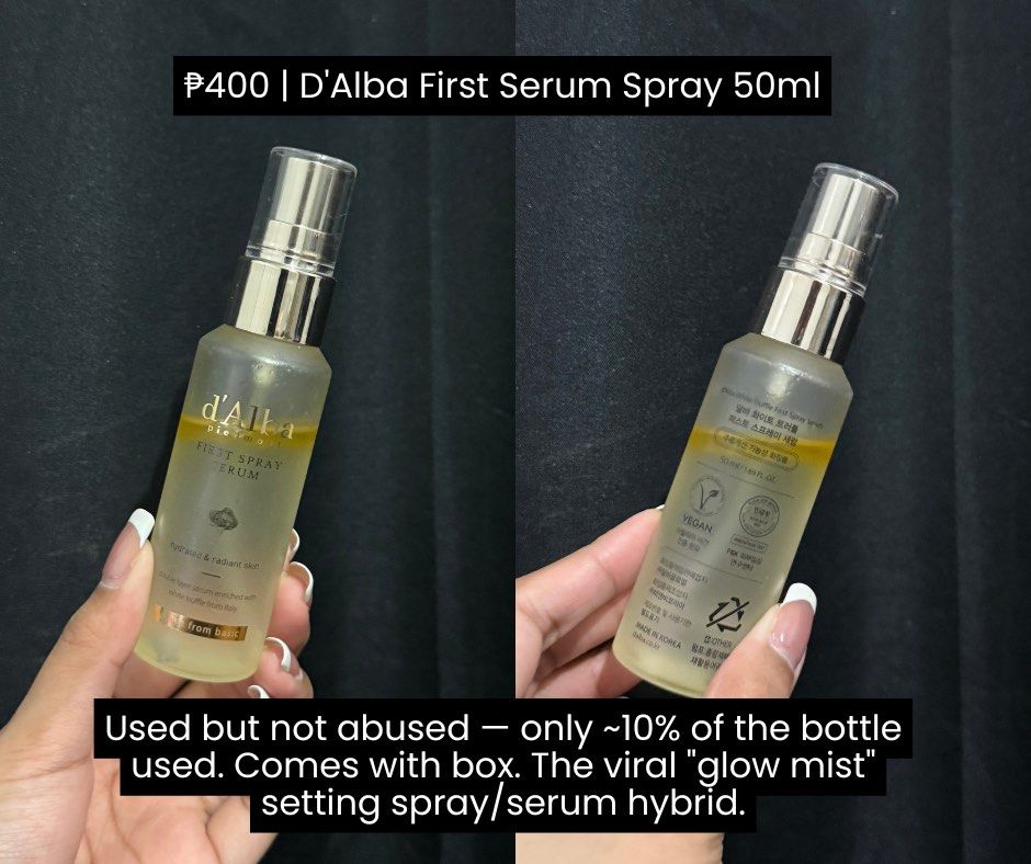 D’Alba First Spray Serum 50ml (Category: Face Care) located in Manila. Submitted by eliclosetcorner (Listing ID 1456251534, Image 1). Description: Used but not abused — only ~10% of the bottle used. Comes with box (but box can’t be closed at the top). The viral “glow mist” setting spray/serum hybrid. Actual photos shown..