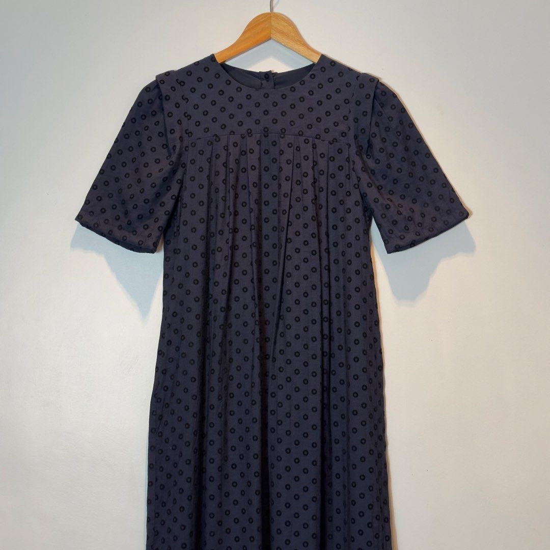 Dark Grey Polka Dot Midi Dress with Pleated Bodice Medium (Category: Dresses) located in Tarlac. Submitted by kllyctr (Listing ID 1456400839, Image 2). Description: - Dark grey midi dress - Subtle all-over polka dot pattern - Pleated bodice - Short sleeves - Back zipper closure - Versatile for casual or dressed-up looks *What you see is twhat you get *Used but not abused *Accessories not included 🚛Shipping via J&T only 1pc/100 | 2-3pc/160 | 4-6p