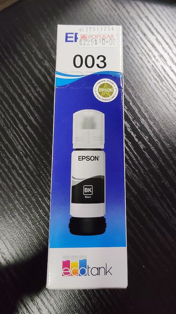 Epson Printer Ink (Category: Other Accessories) located in Singapore. Submitted by pinkyyz (Listing ID 1456254021, Image 1). Description: - Genuine Epson 003 Black Ink Bottle - EcoTank series - Net content: 65ml - Compatible printer models: L1100 series, L1200 series, L3100 series, L3200 series, L3500 series, L5100 series, L5200 series, L5500 series, L11050 - Brand new and sealed.