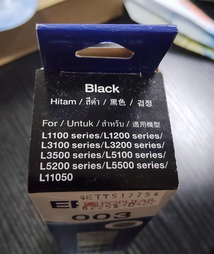 Epson Printer Ink (Category: Other Accessories) located in Singapore. Submitted by pinkyyz (Listing ID 1456254021, Image 2). Description: - Genuine Epson 003 Black Ink Bottle - EcoTank series - Net content: 65ml - Compatible printer models: L1100 series, L1200 series, L3100 series, L3200 series, L3500 series, L5100 series, L5200 series, L5500 series, L11050 - Brand new and sealed.