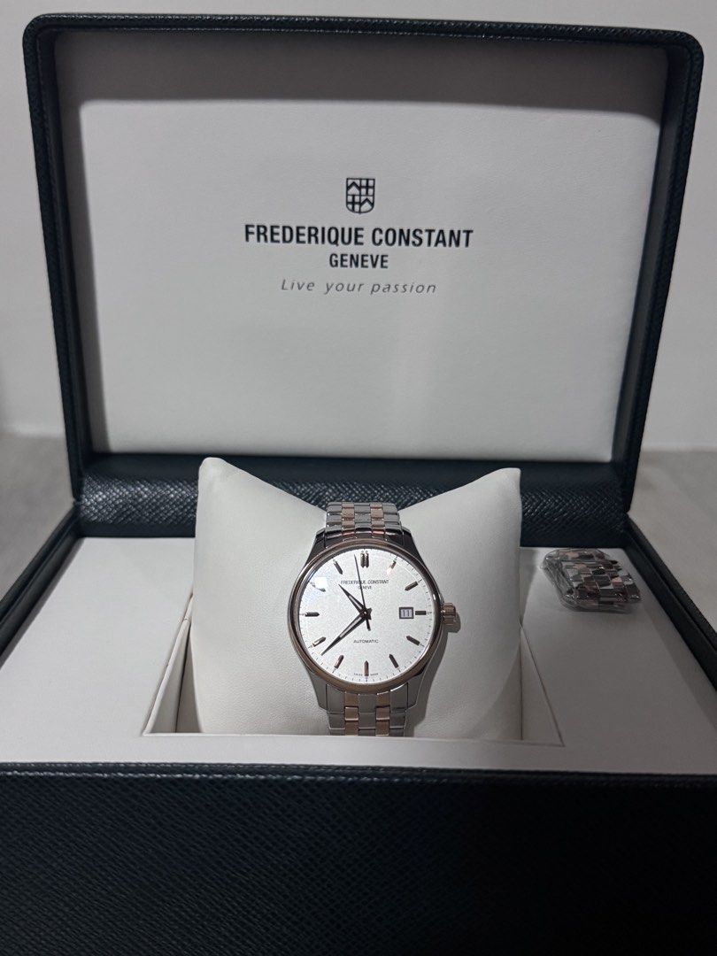 Frederique Constant Geneve Automatic Watch with Box and Papers (Category: Luxury Watches) located in Mandaluyong City. Submitted by Angelo154 (Listing ID 1456372755, Image 1). Description: - Frederique Constant Geneve automatic watch - Stainless steel and rose gold tone bracelet - Comes with original box, guarantee, and certificate of authenticity - Selling as a complete set.
