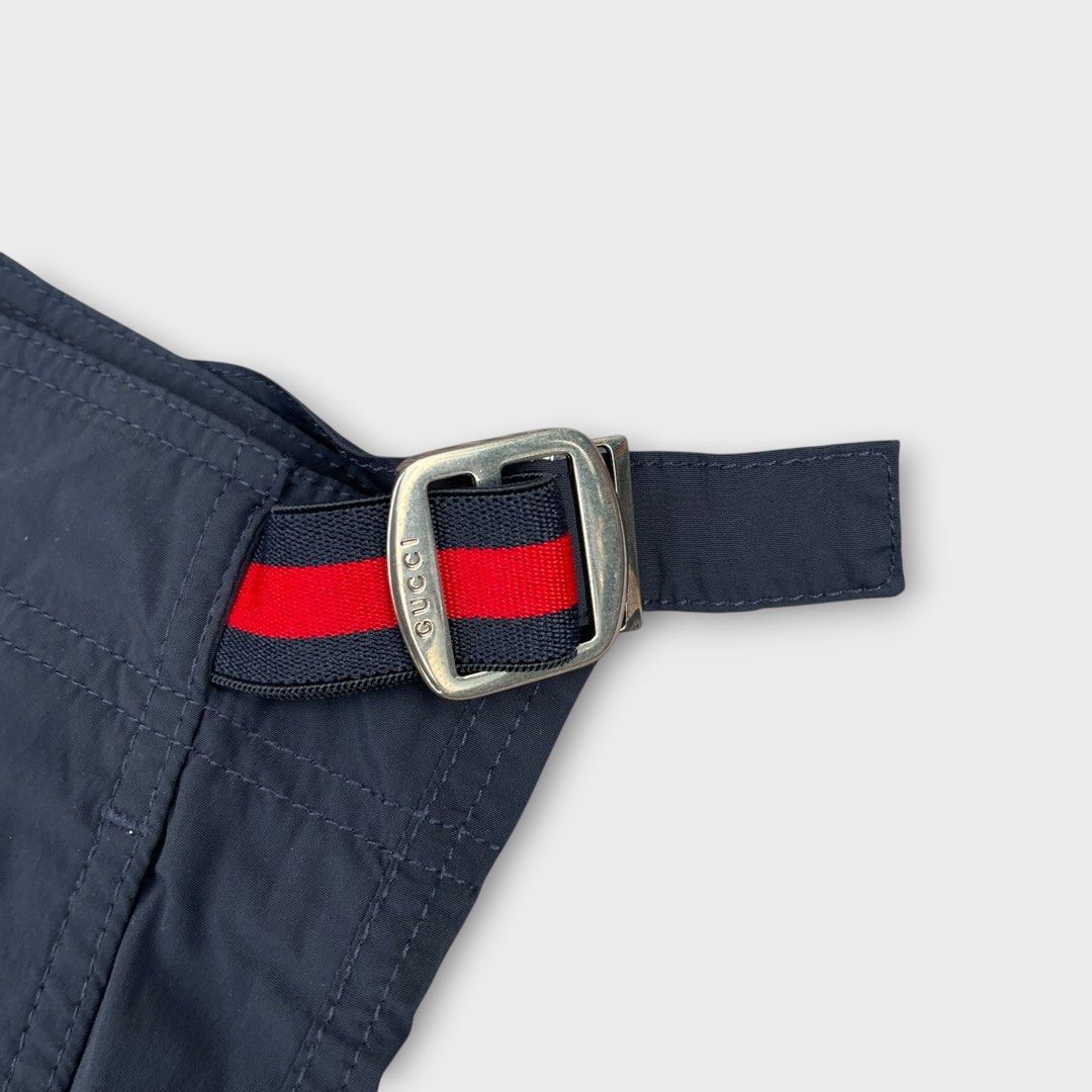 Gucci - Vintage - Nylon Navy Shorts (Category: Shorts) located in Los Banos. Submitted by declutterking (Listing ID 1456414932, Image 3). Description: Size 48 on tag • fits 32-34 waist • nylon material • it has built-in belts on the sides Dimensions: 17" waist 11.5" front rise 19.5" length 11.25" leg opening Good as new condition Authentic.