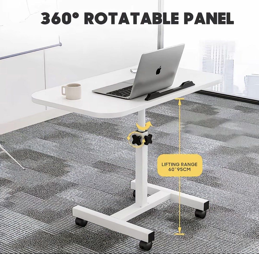 LAPTOP TABLE (Category: Tables & Sets) located in Quezon City. Submitted by siooobeee_ (Listing ID 1456358692, Image 3). Description: - White adjustable laptop table - Height adjustable from 60cm to 95cm - 360-degree rotating panel - Built-in wheels for easy mobility - Ideal for working from home or studying - Can lift up to 30cm - almost brand new - RFS: too big for my liking - assemble only to check so no more box - for pick up and lalamove del