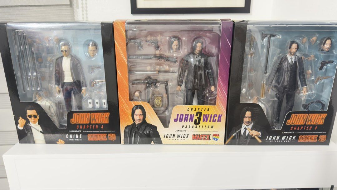 Mafex John Wick Chapter 3 & 4 Set Sale (Category: Figurines & Statues) located in Manila. Submitted by marianoluisangelo14 (Listing ID 1456335311, Image 1). Description: - Set of 3 Mafex action figures from the John Wick series. - Includes John Wick from Chapter 3: Parabellum. - Includes two figures from Chapter 4, one of which is Caine. - All figures are in their original, unopened packaging. - Excellent collectibles for fans of the John Wick mo