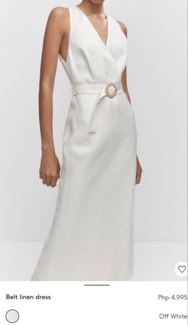 Mango Belt Linen Dress Off White (Category: Dresses) located in Pasig City. Submitted by sartorialclutter (Listing ID 1456399996, Image 2). Description: - Off-white linen midi dress - V-neckline - Sleeveless - Includes a belt with a circular buckle detail - Ideal for summer occasions - Versatile for dressing up or down.