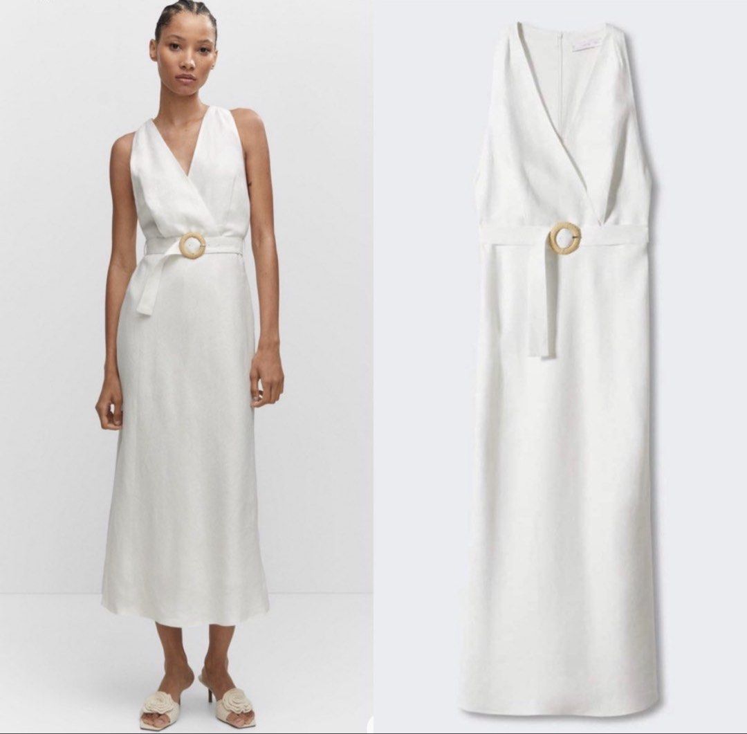 Mango Belt Linen Dress Off White (Category: Dresses) located in Pasig City. Submitted by sartorialclutter (Listing ID 1456399996, Image 1). Description: - Off-white linen midi dress - V-neckline - Sleeveless - Includes a belt with a circular buckle detail - Ideal for summer occasions - Versatile for dressing up or down.