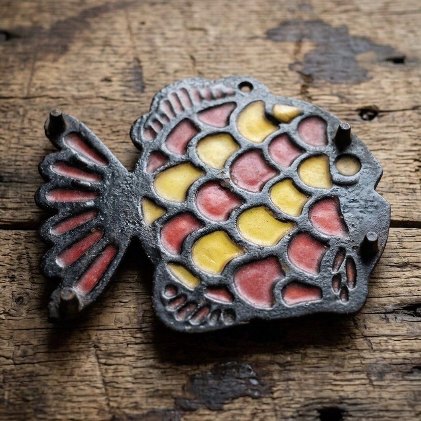 MCM Amber & Ruby Stained Glass Fish Trivet / Wall Suncatcher Accent (Category: Dinnerware & Cutlery) located in Tagaytay City. Submitted by barenwolf (Listing ID 1456302985, Image 3). Description: An enchanting slice of Mid-Century Modern design. This cast metal fish trivet features beautiful translucent stained glass in warm red and amber tones. As a true vintage piece, it possesses a lovely patina and features minor light scuff marks and surfac