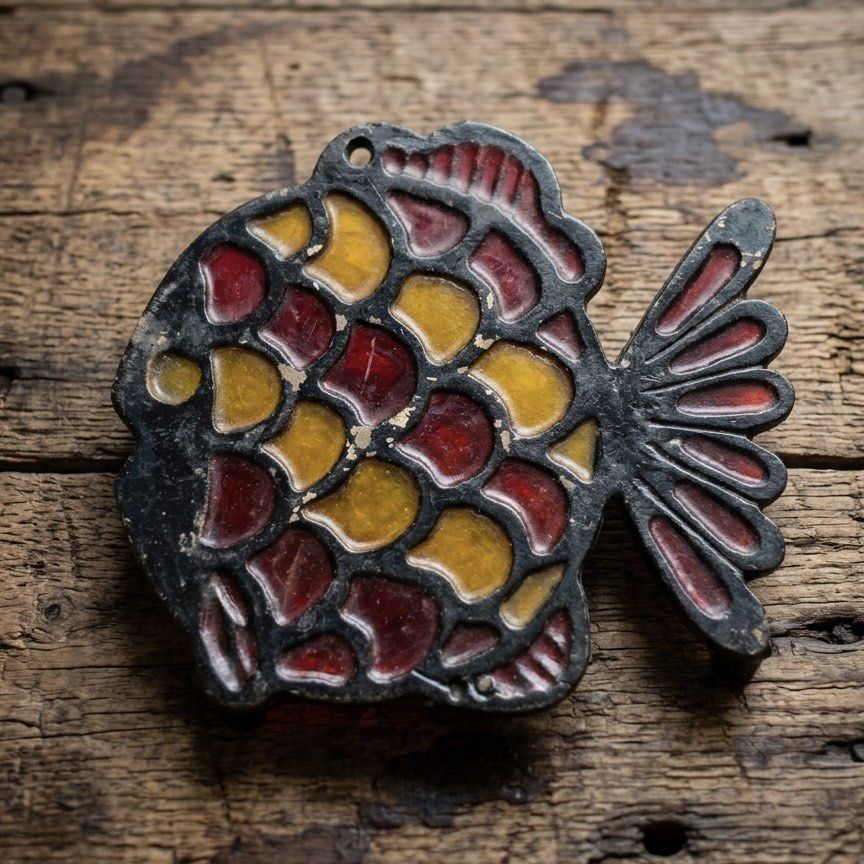 MCM Amber & Ruby Stained Glass Fish Trivet / Wall Suncatcher Accent (Category: Dinnerware & Cutlery) located in Tagaytay City. Submitted by barenwolf (Listing ID 1456302985, Image 2). Description: An enchanting slice of Mid-Century Modern design. This cast metal fish trivet features beautiful translucent stained glass in warm red and amber tones. As a true vintage piece, it possesses a lovely patina and features minor light scuff marks and surfac