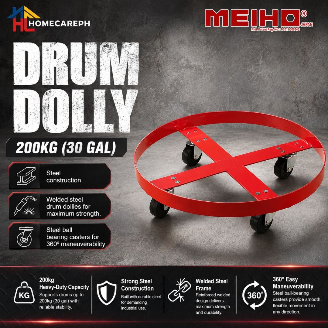 Meiho Drum Dolly 200kg (30 Gal) (Category: Construction Tools & Equipment) located in Manila. Submitted by homecareph (Listing ID 1320788435, Image 1). Description: 08-18-2026 ✅For Sale!!! ✅Retail / Wholesale ✅MEIHO DRUM DOLLY ✅200KG (30 GAL) • Steel construction • Welded steel drum dollies for maximum strength. • Steel ball bearing casters for 360º maneuverability ✅200kg Heavy-Duty Capacity — Supports drums up to 200kg (30 gal) with reliable sta