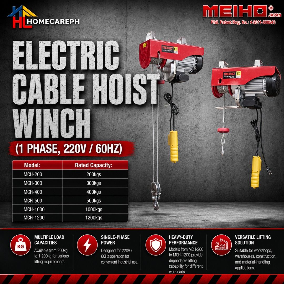 Meiho Electric Cable Hoist Winch (Category: Construction Tools & Equipment) located in Manila. Submitted by homecareph (Listing ID 1427362816, Image 1). Description: 08-18-2026 ✅For Sale!!! ✅Retail / Wholesale ✅MEIHO ELECTRIC CABLE HOIST WINCH ✅1 PHASE, 220V / 60HZ ✅Model: ✅ Rated Capacity: MCH-200 200kgs MCH-300 300kgs MCH-400 400kgs MCH-500 500kgs MCH-1000 1000kgs MCH-1200 1200kgs ✅Multiple Load Capacities: Available from 200kg to 1,200kg for v
