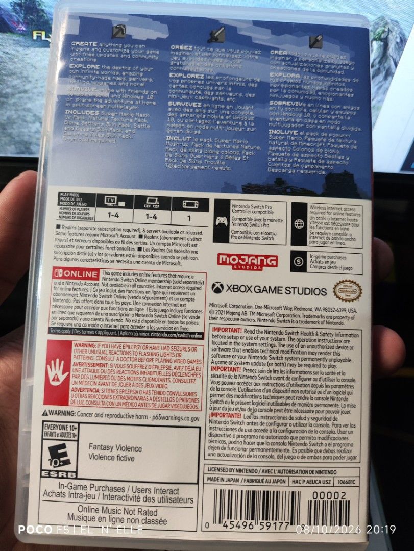 Minecraft Nintendo Switch Game (Category: Nintendo) located in Manila. Submitted by eudaemon.2 (Listing ID 1456235734, Image 3). Description: - Minecraft game for Nintendo Switch - Includes the Super Mario Mash-Up pack - Full game experience - Comes with original case and cartridge - Perfect for building and exploring adventures.