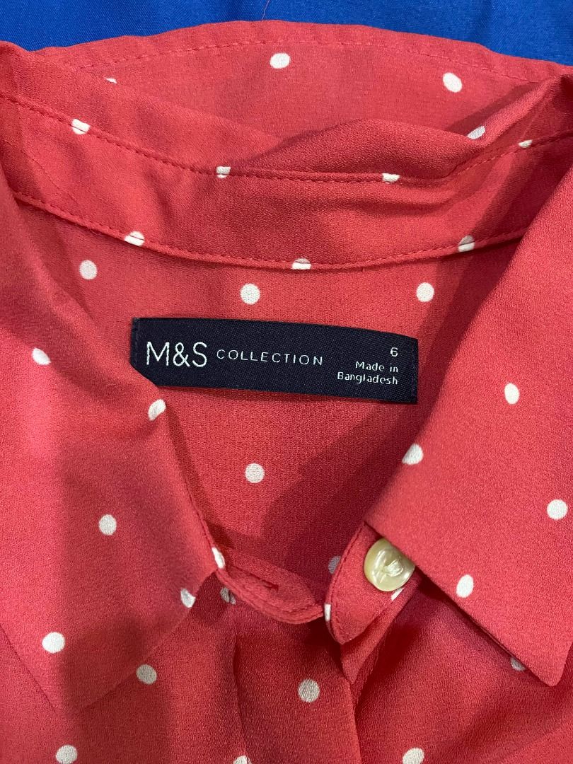 M&S Collection Polka Dot Long Sleeve Polo (Category: Longsleeves) located in Marikina City. Submitted by chumchummie (Listing ID 1456386903, Image 2). Description: - Pink and white polka dot long-sleeved polo - Button-up front - Versatile for casual or work attire - Measurements: Bust 34" Length 24.5".