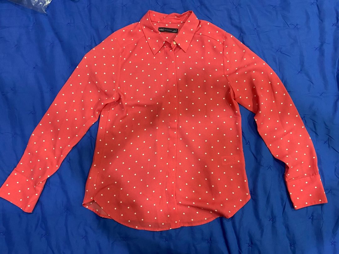 M&S Collection Polka Dot Long Sleeve Polo (Category: Longsleeves) located in Marikina City. Submitted by chumchummie (Listing ID 1456386903, Image 3). Description: - Pink and white polka dot long-sleeved polo - Button-up front - Versatile for casual or work attire - Measurements: Bust 34" Length 24.5".