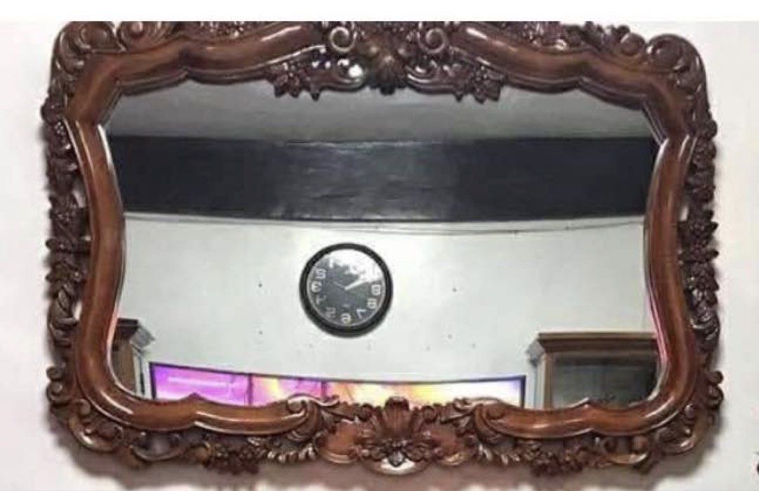 Narra Console Table & Mirror Set (Category: Other Home Furniture) located in Manila. Submitted by alldayshoppinggirl (Listing ID 1456416271, Image 3). Description: This piece is an ornate, hand-carved solid wood console table featuring elaborate baroque scrollwork and a decorative lower shelf & a vintage and antique ornate carved wooden wall mirror featuring classic Rococo and Victorian-inspired scrollwork. Design: Crafted with an intricately car