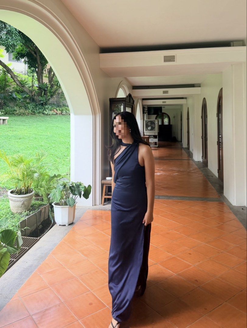 Navy Blue One-Shoulder Satin Dress (Medium) (Category: Evening dresses & gowns) located in Bacoor. Submitted by hellonikka (Listing ID 1456242673, Image 2). Description: Used once for a wedding. Love the fit :) Original price was around 1,400.