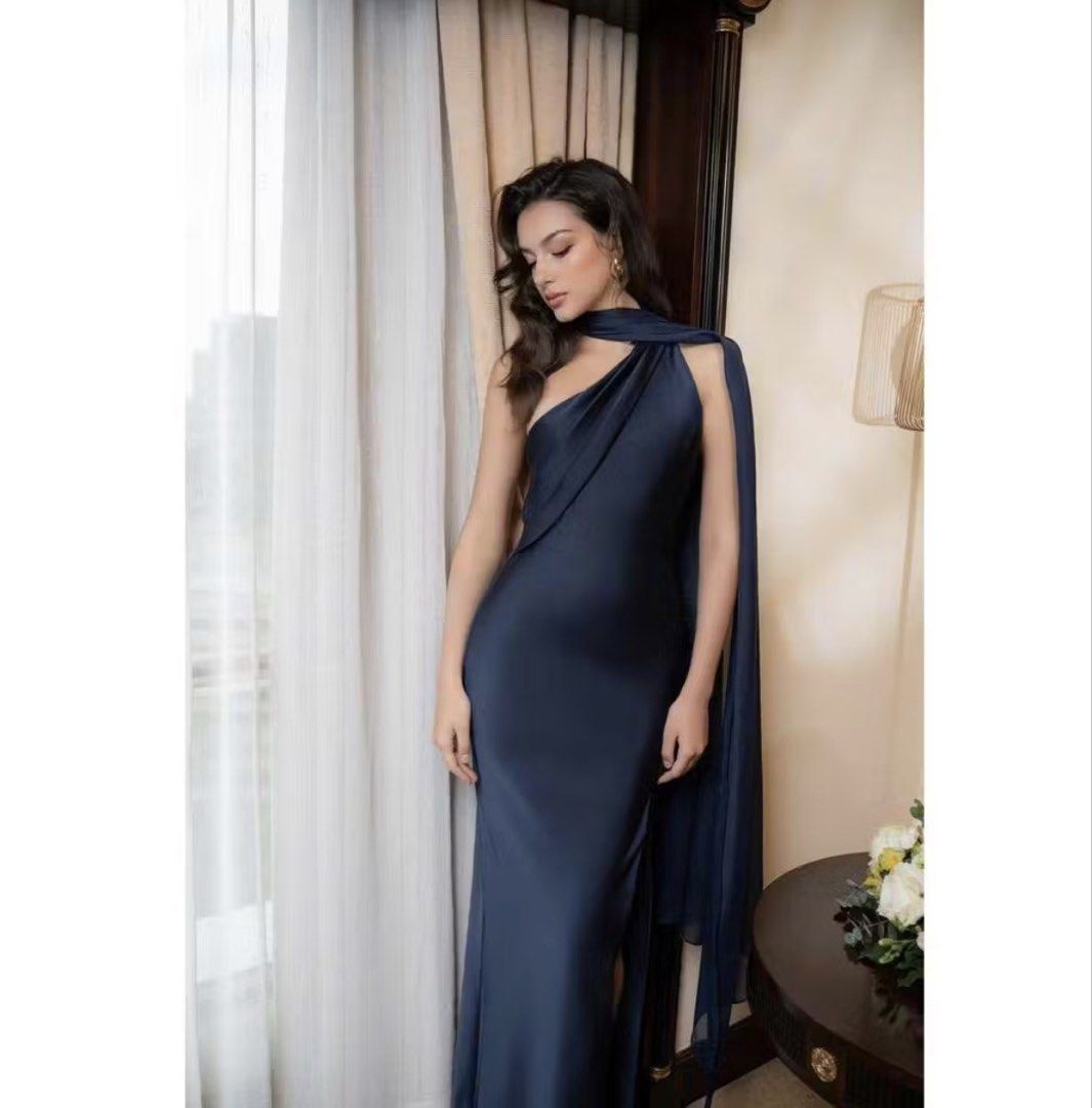 Navy Blue One-Shoulder Satin Dress (Medium) (Category: Evening dresses & gowns) located in Bacoor. Submitted by hellonikka (Listing ID 1456242673, Image 1). Description: Used once for a wedding. Love the fit :) Original price was around 1,400.