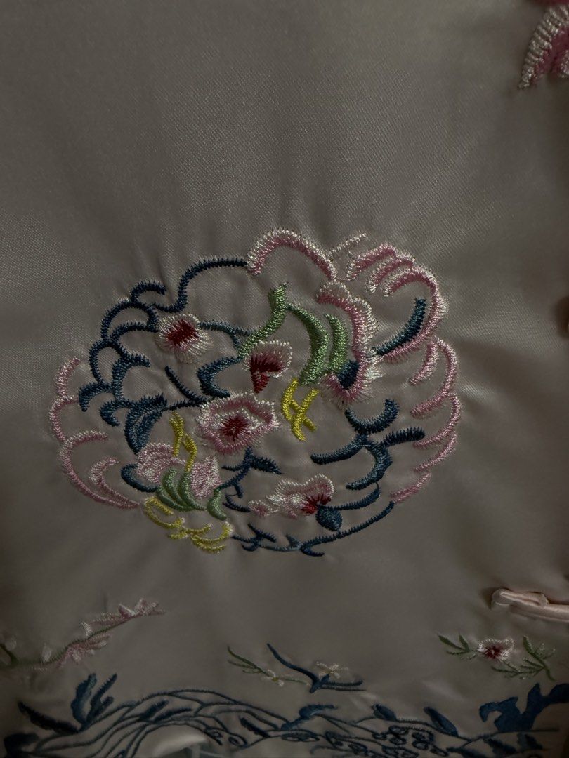 Normal (Category: Coats, Jackets and Outerwear) located in Kuala Lumpur. Submitted by ysy0889 (Listing ID 1456352112, Image 3). Description: Light pink Chinese style satin jacket with delicate floral embroidery. Features classic frog buttons, inner lining in fresh apple green. Elegant outlook for daily wear, good condition. #ChineseStyleJacket #EmbroideryTop #OrientalFashion.