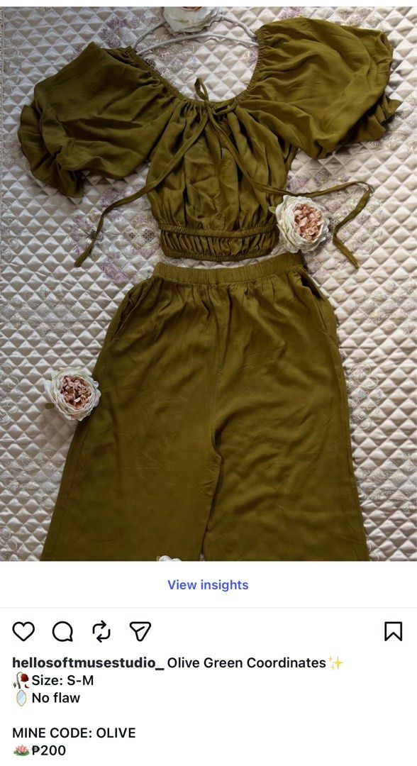 Olive Green Coordinates Set - Off-Shoulder Top & Pants (Category: Sets or Coordinates) located in Tarlac. Submitted by just_decluttering (Listing ID 1456370213, Image 1). Description: - Olive green coordinates set - Off-shoulder crop top with puff sleeves and tie detail - Matching wide-leg pants with pockets - Comfortable and stylish - Perfect for casual outings or relaxed evenings - No flaws found.