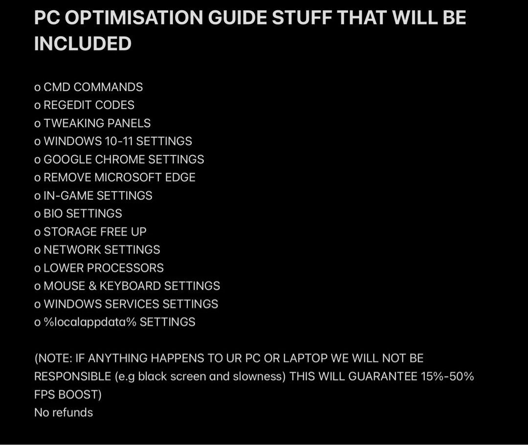 Pc optimisation guide （分類：其他裝置）位於 Hong Kong。 由 kiransidhu85 提交（商品編號 1456191006，圖片 2）。簡介： I will help optimise ur low end to high pc using optimisation I can make a video for u or we can do a zoom call and I can guide u what to change to help ur pc getting more fps and less ping。