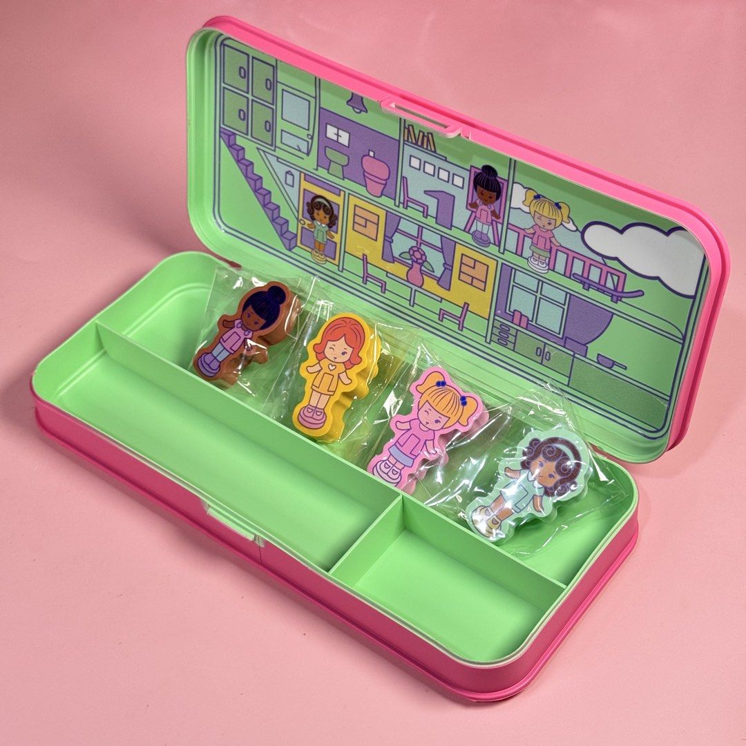Polly Pocket Boxlunch Exclusive Pencil Case (Category: Kids Toys) located in Cebu City. Submitted by danzysdaintydollies (Listing ID 1456239478, Image 3). Description: - Adorable pink Polly Pocket metal pencil case. - Includes 4 cute character erasers. - Features a fun house design inside. - Perfect for stationery enthusiasts and collectors. - Brand new and sealed in original packaging. - Limited availability .