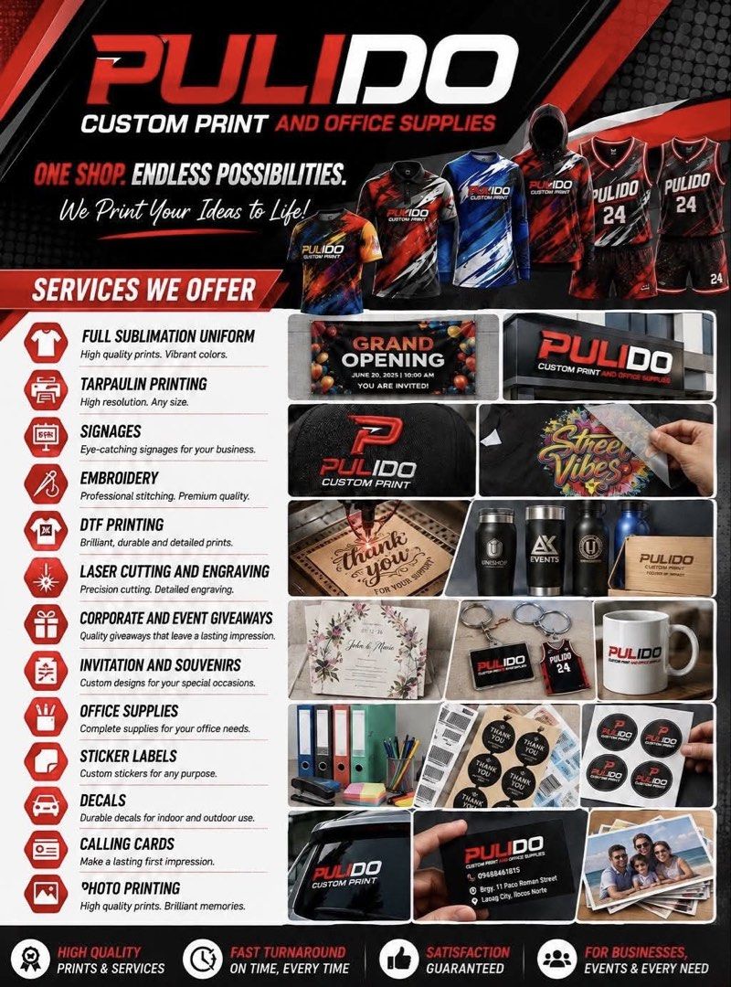 Pulido Custom Print Full Sublimation Uniforms & Jerseys (Category: Sets or Coordinates) located in Laoag. Submitted by loml.t.zt (Listing ID 1456239483, Image 1). Description: - Custom sublimation uniforms & jerseys - Available: T-shirts, polos, long sleeves, full jersey sets - Vibrant colors & durable prints - Ideal for teams & businesses - Fast turnaround time guaranteed - High quality prints & services.