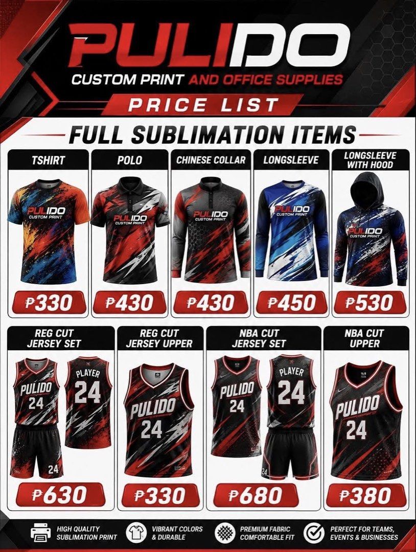 Pulido Custom Print Full Sublimation Uniforms & Jerseys (Category: Sets or Coordinates) located in Laoag. Submitted by loml.t.zt (Listing ID 1456239483, Image 2). Description: - Custom sublimation uniforms & jerseys - Available: T-shirts, polos, long sleeves, full jersey sets - Vibrant colors & durable prints - Ideal for teams & businesses - Fast turnaround time guaranteed - High quality prints & services.