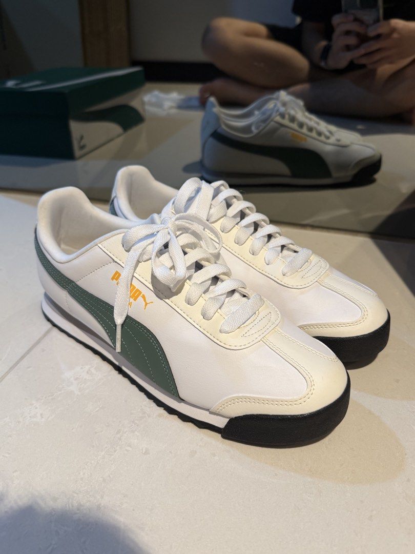 Puma Roma Basic + (Category: Sneakers) located in Singapore. Submitted by bobofishball47 (Listing ID 1456327601, Image 2). Description: wts puma roma basic+ white with green colorway never worn before rfs: toe box too narrow for my feet + need clear .