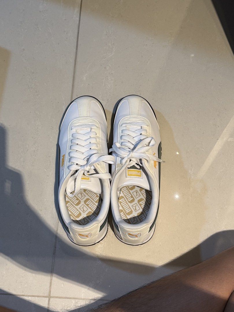 Puma Roma Basic + (Category: Sneakers) located in Singapore. Submitted by bobofishball47 (Listing ID 1456327601, Image 3). Description: wts puma roma basic+ white with green colorway never worn before rfs: toe box too narrow for my feet + need clear .