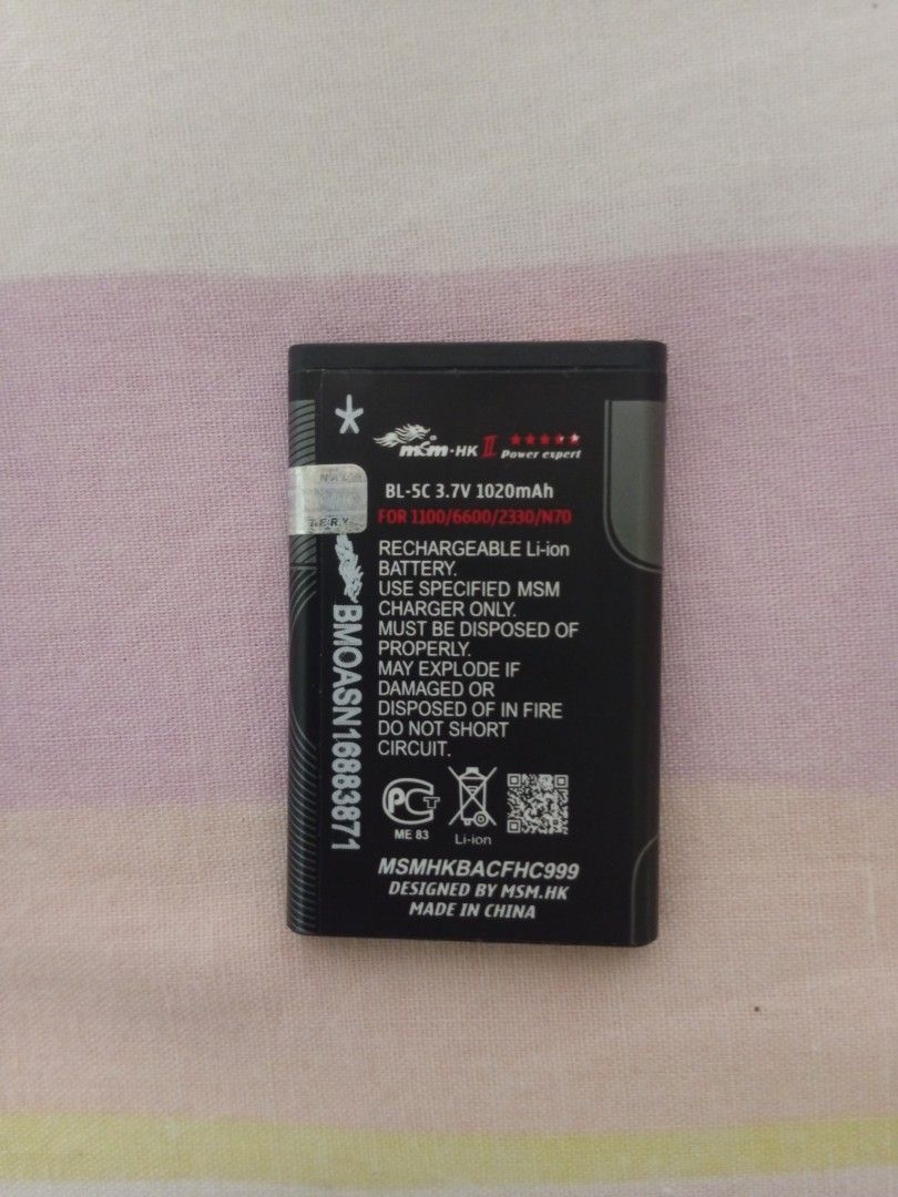 Rechargeable Li-ion Battery for Cellphone (Category: Batteries & Power Banks) located in Valencia. Submitted by lj.roomfinds (Listing ID 1456264280, Image 1). Description: •MSM-HK II battery • BL-5C 3.7V 1020mAh • RFS: not compatible with my keypad phone (itel it2165) • bought from tech stall at a mall.
