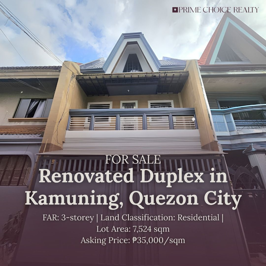 RENOVATED DUPLEX IN KAMUNING, QUEZON CITY (Category: House & Lot) located in Quezon City. Submitted by primechoicerealtyinc (Listing ID 1456285308, Image 1). Description: FOR SALE RENOVATED DUPLEX IN KAMUNING, QUEZON CITY 📍 K-4th St., Kamuning, Quezon City Renovated 3-Story Residential Duplex • Lot Area: 120 sqm • Floor Area: 360 sqm • 3 Bedrooms • 5 Toilets • 3 Bathrooms • Maid’s Room • Living & Dining Area • Family Hall • 1–2 Car Garage • 1 St