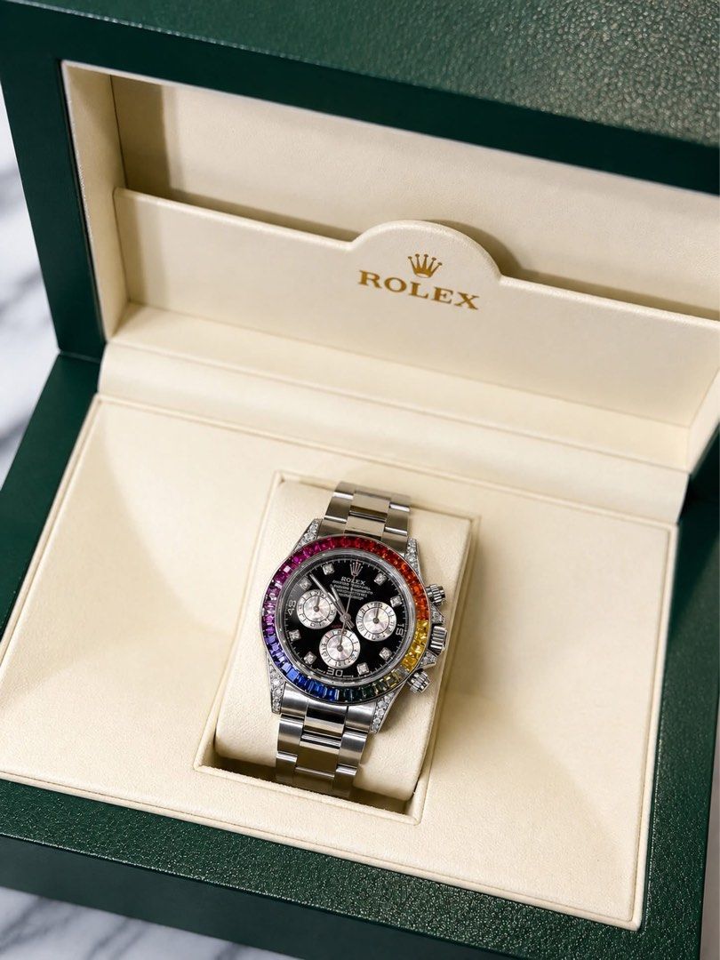ROLEX DAYTONA RAINBOW (Category: Luxury Watches) located in Taguig. Submitted by consumergoodstrading (Listing ID 1456276593, Image 1). Description: ROLEX DAYTONA RAINBOW Reference 116520 • Watch & Box Only 2011 • Aftermarket Rainbow Bezel & Dial • Like New Condition – 9.5/10 For More Information Pm Me Thanks .
