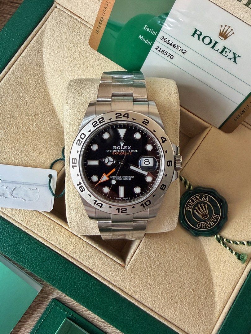 Rolex Explorer II Black Dial (2019) Below SRP 627.5k (Category: Men's Watches) located in Pasig City. Submitted by migspaggabao (Listing ID 1456273748, Image 3). Description: Rolex Explorer II Black Dial Discontinued Model Ref. No. 216570 Calibre 3187 48 hours power reserve 42 mm case 9.8/10 condition. Mint! Dated yr 2019. Selling below current model SRP PHP 627.5k! Inclusions: watch, double box, manuals, card holder, hang tags, guarantee card an